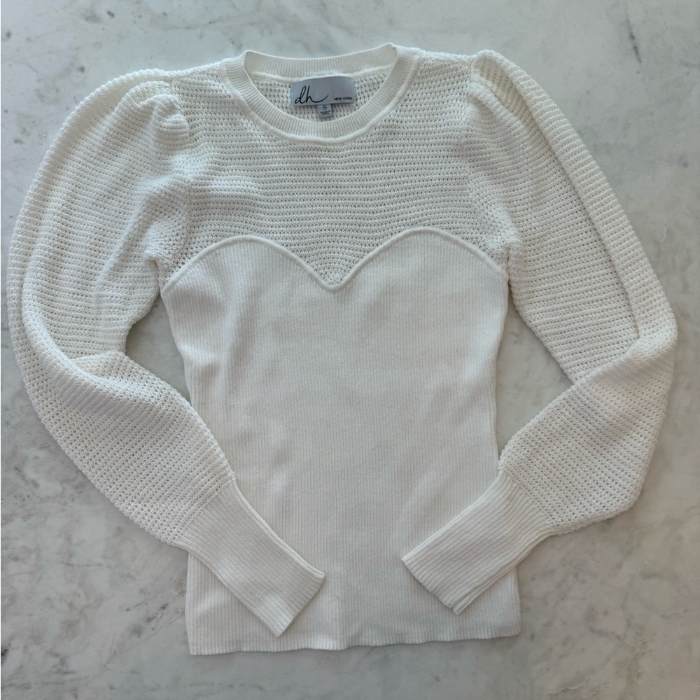 dh NEW YORK White Knit Sweater with Puff Sleeves